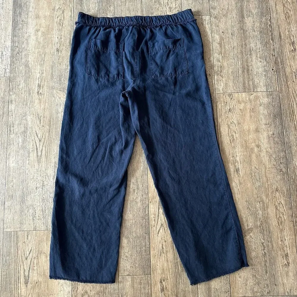LOFT Size Small Navy Blue Linen Blend Mid Rise Frayed Hem Crop Ankle Pants 33x27 - Picture 2 of 10